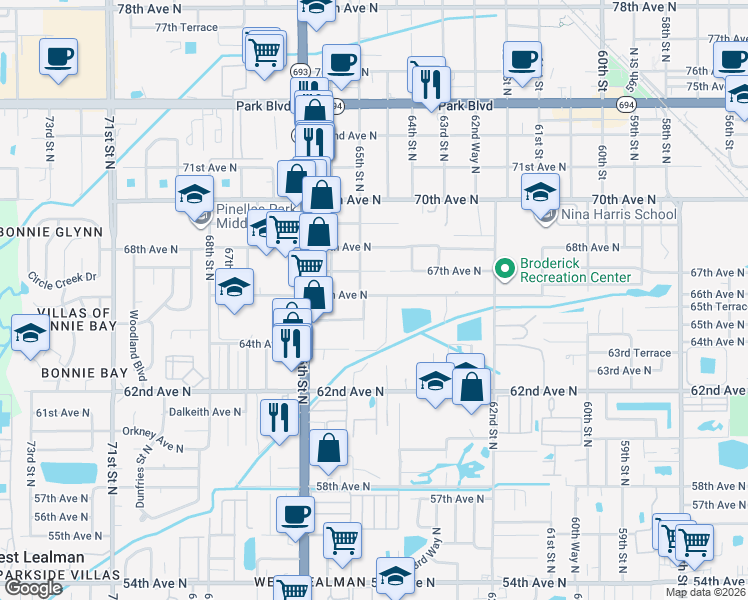 map of restaurants, bars, coffee shops, grocery stores, and more near 6500 64th Way North in Pinellas Park