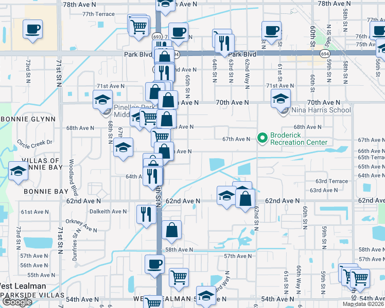 map of restaurants, bars, coffee shops, grocery stores, and more near 6500 64th Way North in Pinellas Park
