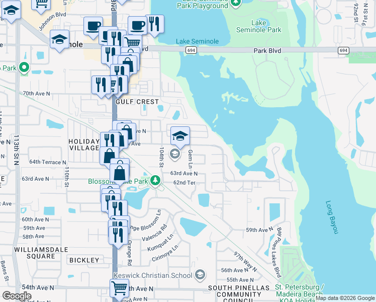 map of restaurants, bars, coffee shops, grocery stores, and more near 6449 Gem Lane in Seminole