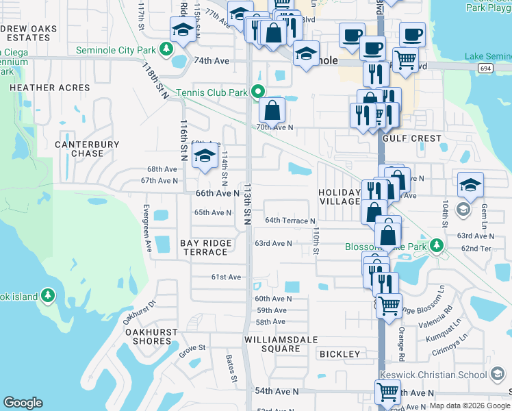 map of restaurants, bars, coffee shops, grocery stores, and more near 6472 113th Street in Seminole