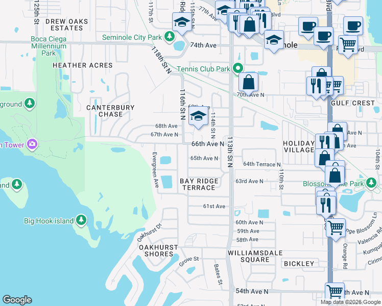 map of restaurants, bars, coffee shops, grocery stores, and more near 11572 65th Avenue North in Seminole