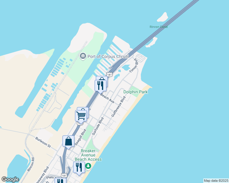 map of restaurants, bars, coffee shops, grocery stores, and more near 4520 Surfside Boulevard in Corpus Christi
