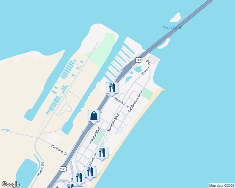 map of restaurants, bars, coffee shops, grocery stores, and more near 509 Beach Avenue in Corpus Christi