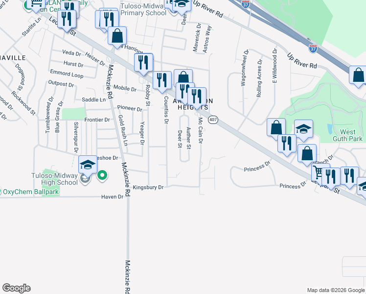 map of restaurants, bars, coffee shops, grocery stores, and more near 2608 Deer Street in Corpus Christi