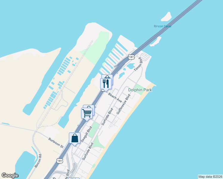 map of restaurants, bars, coffee shops, grocery stores, and more near 509 Beach Avenue in Corpus Christi