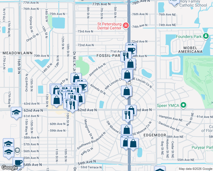 map of restaurants, bars, coffee shops, grocery stores, and more near 211 Northwest Lincoln Circle North in St. Petersburg