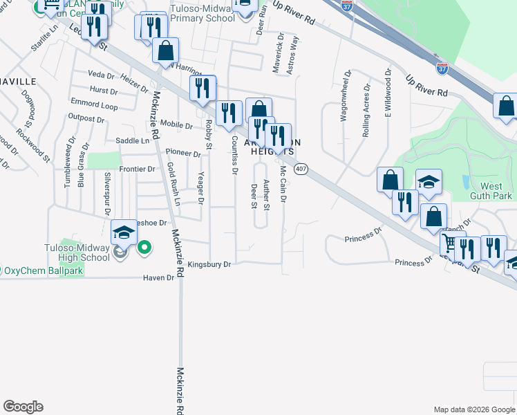 map of restaurants, bars, coffee shops, grocery stores, and more near 2608 Deer Street in Corpus Christi