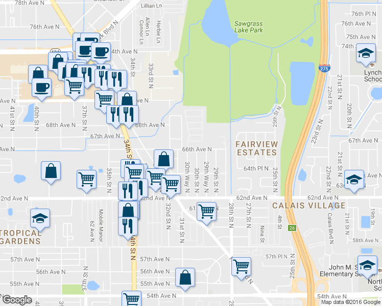 map of restaurants, bars, coffee shops, grocery stores, and more near 6493 31st Street North in St. Petersburg
