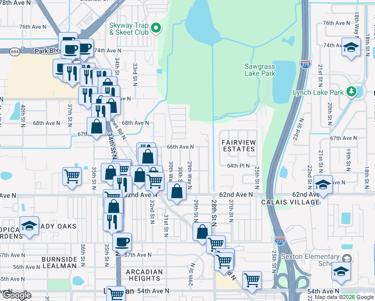 map of restaurants, bars, coffee shops, grocery stores, and more near 6489 30th Street North in St. Petersburg