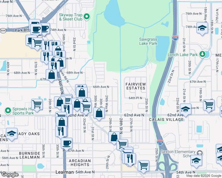 map of restaurants, bars, coffee shops, grocery stores, and more near 6491 29th Street North in St. Petersburg