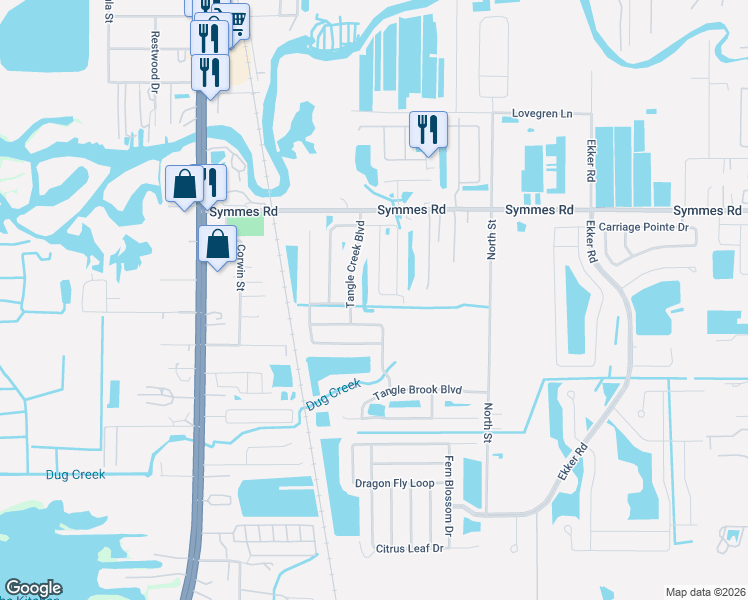map of restaurants, bars, coffee shops, grocery stores, and more near 7416 Tangle Bend Drive in Gibsonton