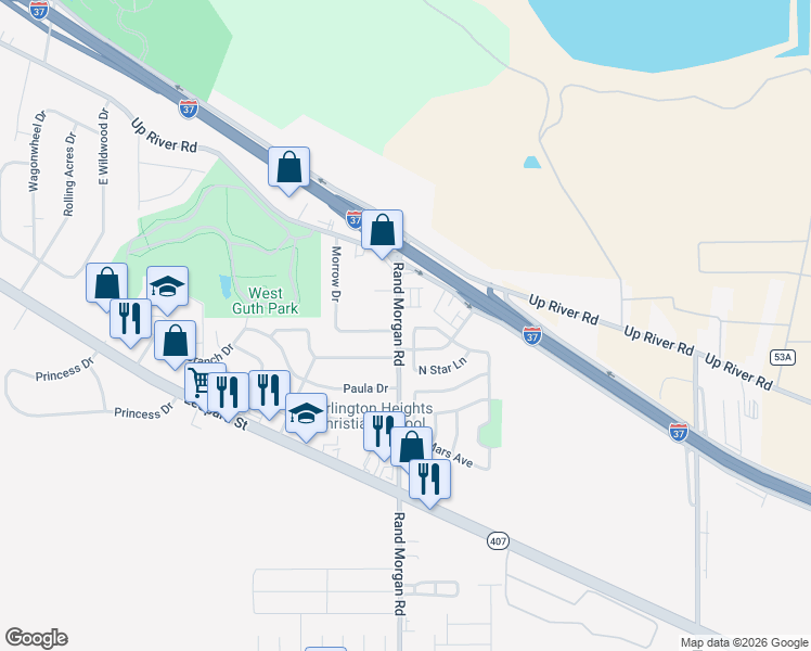 map of restaurants, bars, coffee shops, grocery stores, and more near 9402 Huntington Drive in Corpus Christi
