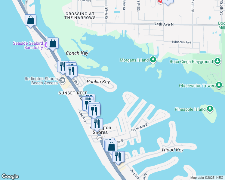 map of restaurants, bars, coffee shops, grocery stores, and more near 857 180th Avenue East in Redington Shores
