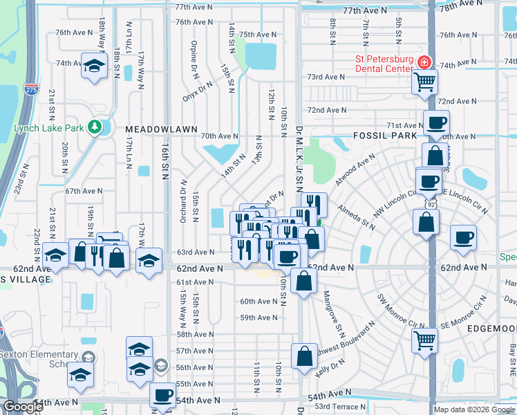 map of restaurants, bars, coffee shops, grocery stores, and more near 6501 Kingswood Drive North in St. Petersburg