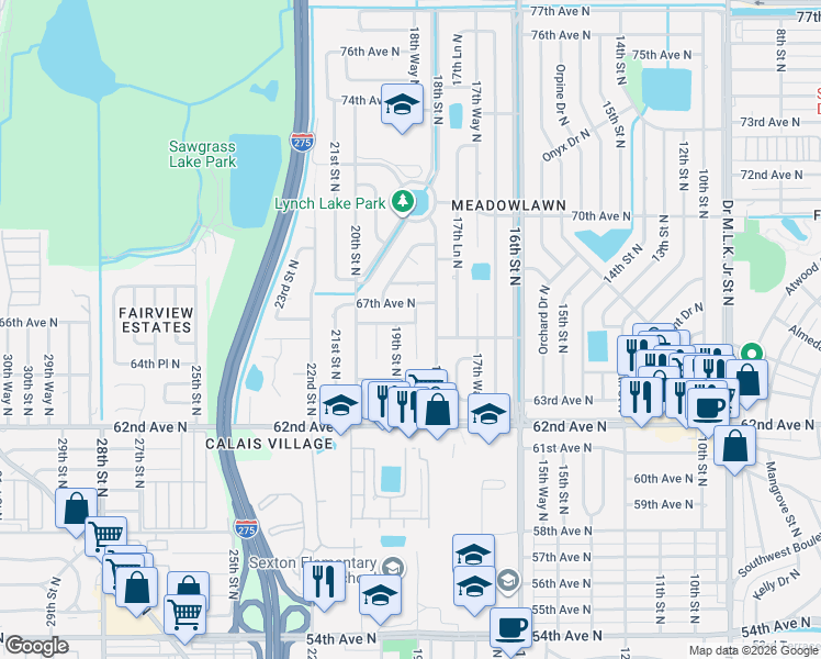 map of restaurants, bars, coffee shops, grocery stores, and more near 6691 18th Way North in St. Petersburg