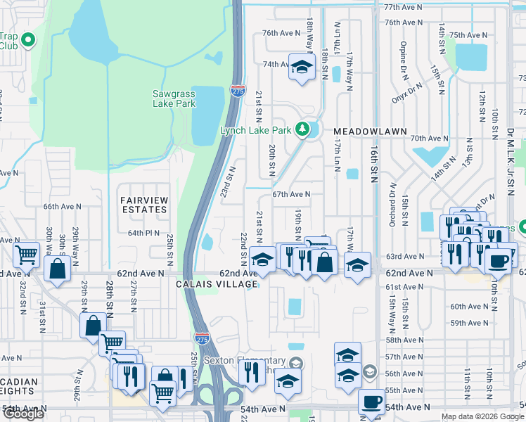 map of restaurants, bars, coffee shops, grocery stores, and more near 2050 67th Avenue North in St. Petersburg