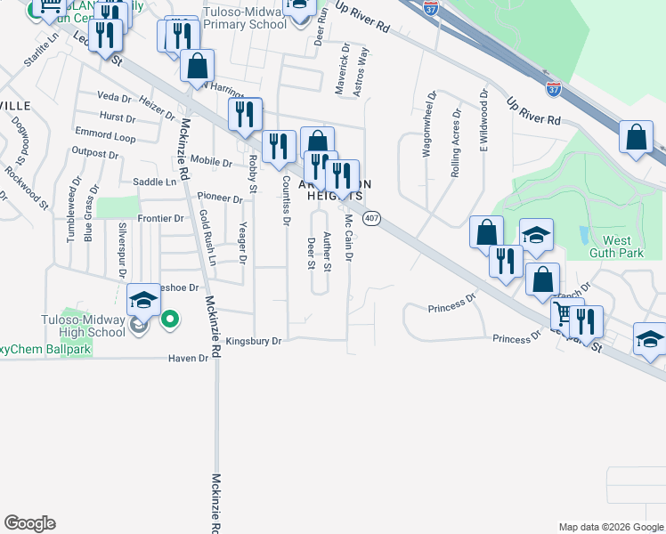 map of restaurants, bars, coffee shops, grocery stores, and more near 2700 Deer Street in Corpus Christi