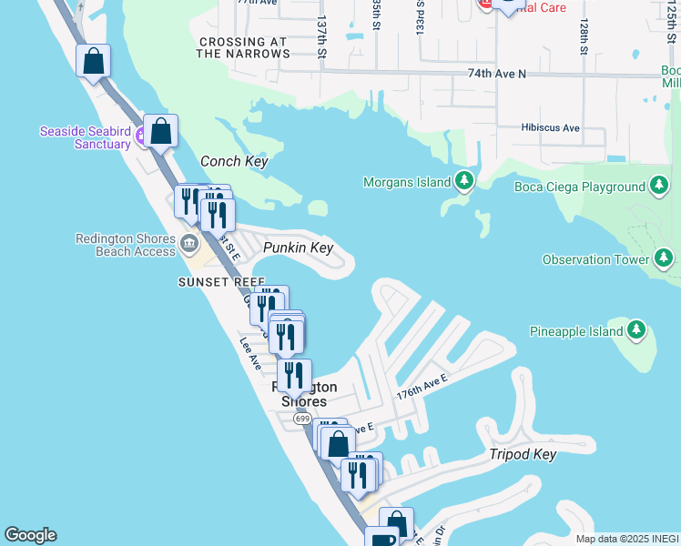 map of restaurants, bars, coffee shops, grocery stores, and more near 857 180th Avenue East in Redington Shores