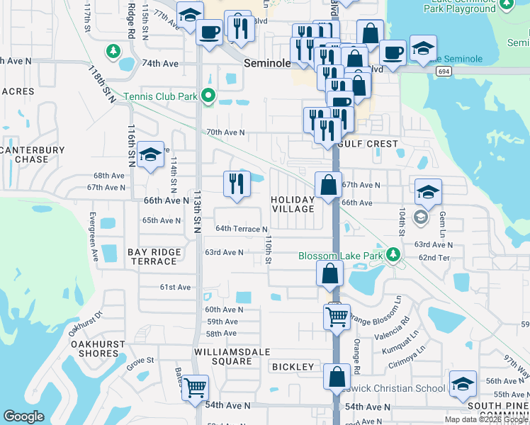 map of restaurants, bars, coffee shops, grocery stores, and more near 11002 66th Terrace in Seminole