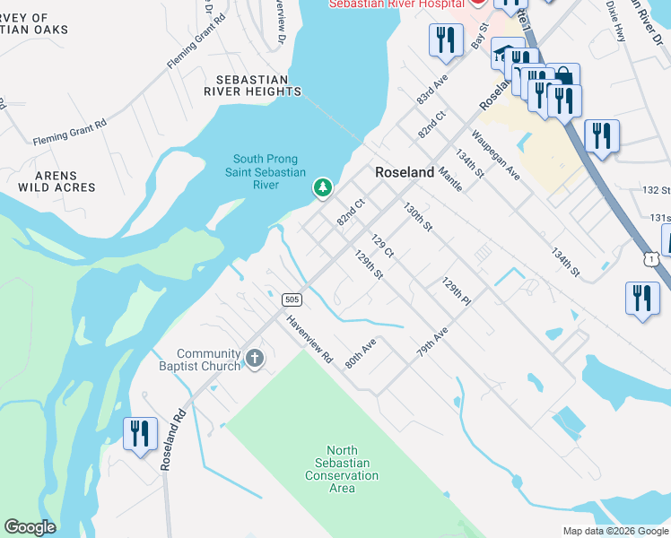 map of restaurants, bars, coffee shops, grocery stores, and more near 12850 Roseland Road in Sebastian