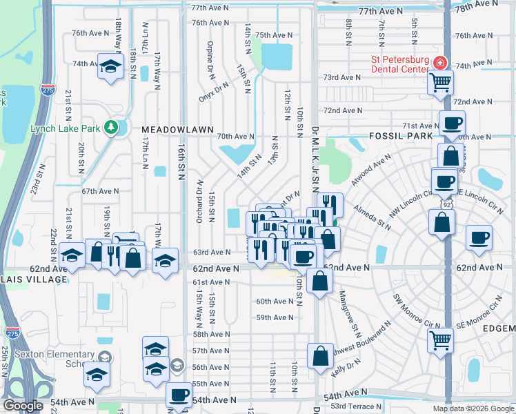 map of restaurants, bars, coffee shops, grocery stores, and more near 6711 12th Street North in St. Petersburg