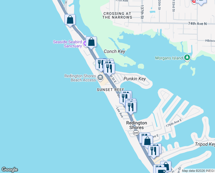 map of restaurants, bars, coffee shops, grocery stores, and more near 18100 Gulf Boulevard in Redington Shores