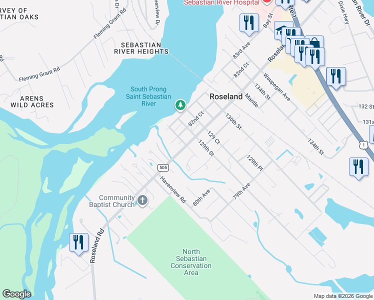 map of restaurants, bars, coffee shops, grocery stores, and more near 12850 Roseland Road in Sebastian