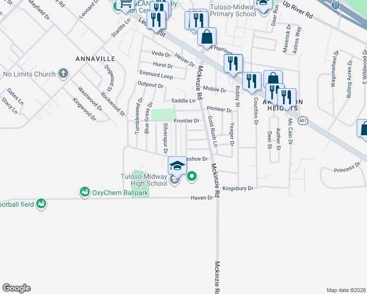 map of restaurants, bars, coffee shops, grocery stores, and more near 10530 Bandera Drive in Corpus Christi