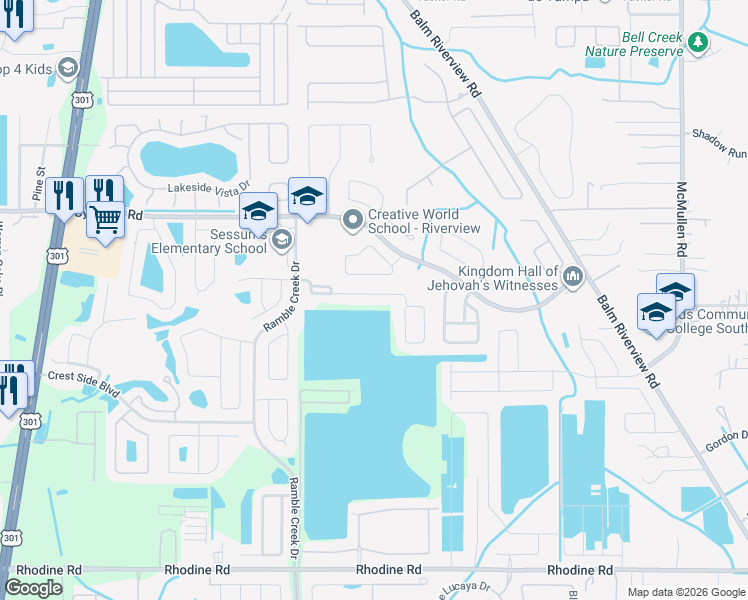 map of restaurants, bars, coffee shops, grocery stores, and more near 11434 Bay Gardens Loop in Riverview