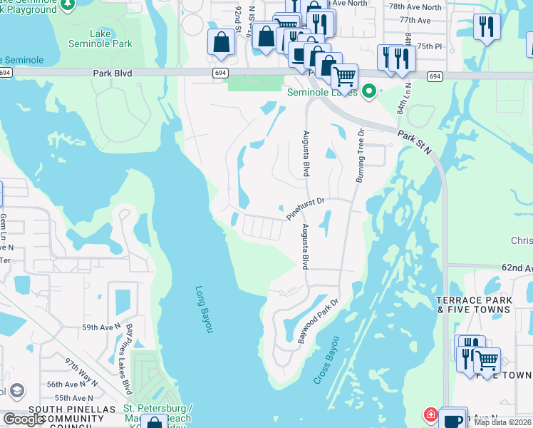 map of restaurants, bars, coffee shops, grocery stores, and more near 9133 Pinehurst Drive in Seminole