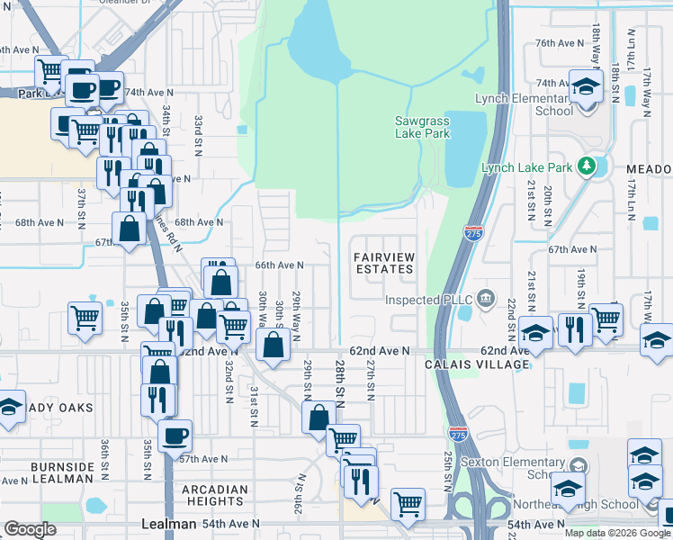map of restaurants, bars, coffee shops, grocery stores, and more near 6648 27th Way North in St. Petersburg