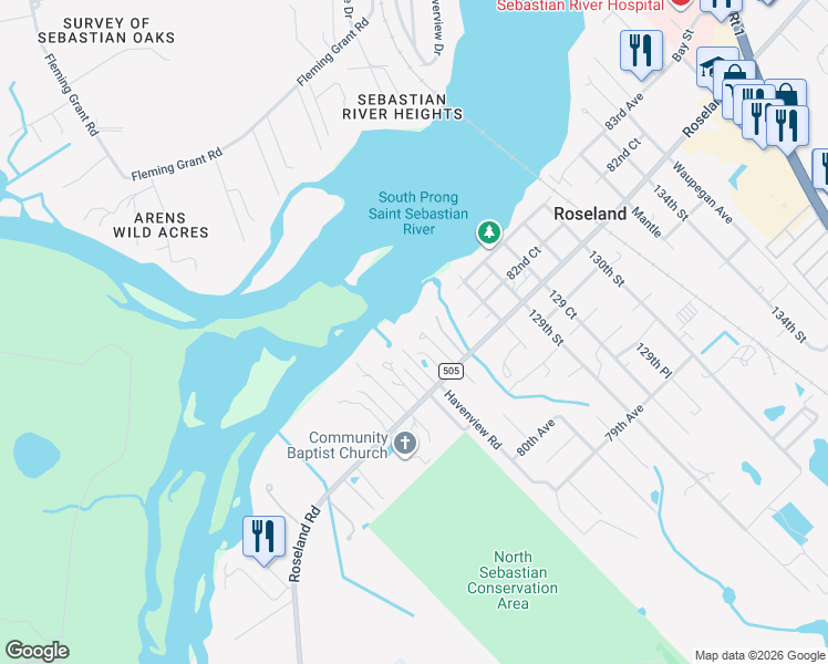 map of restaurants, bars, coffee shops, grocery stores, and more near 12779 Roseland Road in Sebastian