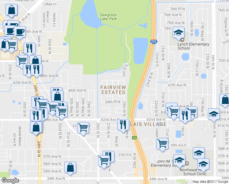 map of restaurants, bars, coffee shops, grocery stores, and more near 6656 26th Way North in St. Petersburg