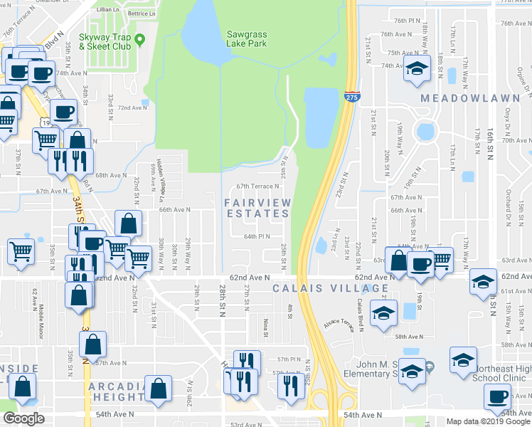 map of restaurants, bars, coffee shops, grocery stores, and more near 6656 26th Way North in St. Petersburg