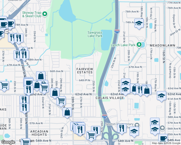 map of restaurants, bars, coffee shops, grocery stores, and more near 6656 25th Street North in St. Petersburg
