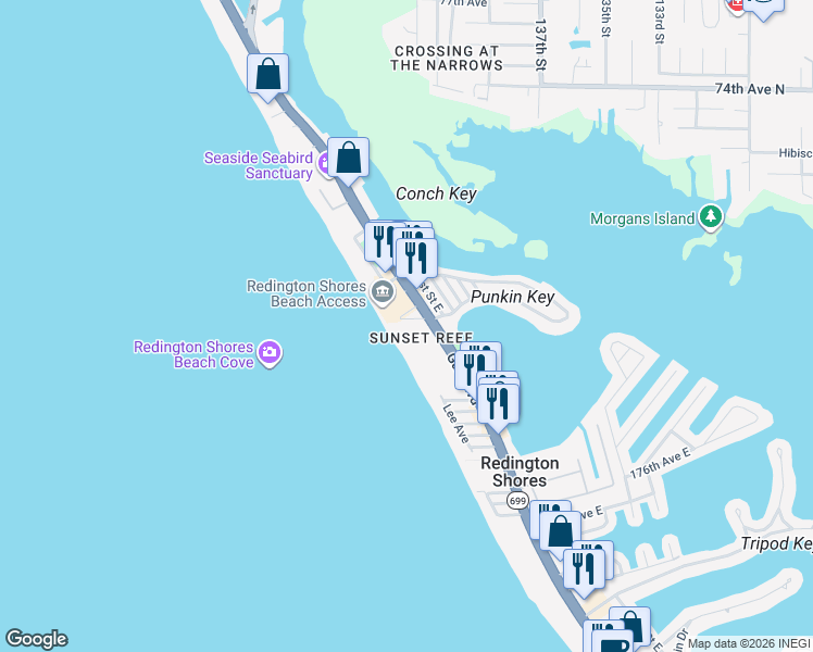 map of restaurants, bars, coffee shops, grocery stores, and more near 18100 Gulf Boulevard in Redington Shores