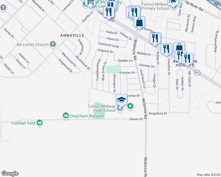 map of restaurants, bars, coffee shops, grocery stores, and more near 2725 Bramblebush Drive in Corpus Christi