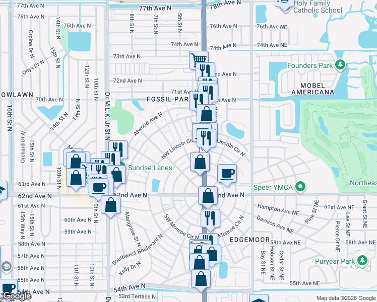map of restaurants, bars, coffee shops, grocery stores, and more near 6540 4th Street North in St. Petersburg