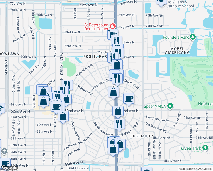 map of restaurants, bars, coffee shops, grocery stores, and more near 6540 4th Street North in St. Petersburg