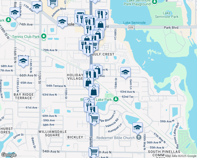 map of restaurants, bars, coffee shops, grocery stores, and more near 6625 Seminole Boulevard in Seminole