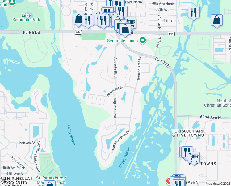 map of restaurants, bars, coffee shops, grocery stores, and more near 6569 Augusta Boulevard in Seminole