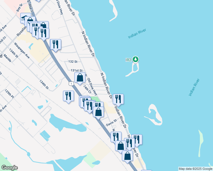 map of restaurants, bars, coffee shops, grocery stores, and more near 13005 North Indian River Drive in Sebastian