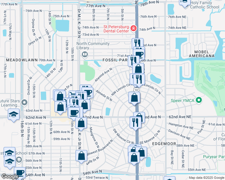 map of restaurants, bars, coffee shops, grocery stores, and more near 663 Northwest Boulevard North in St. Petersburg