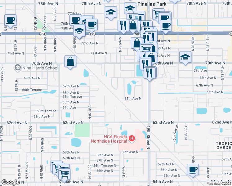 map of restaurants, bars, coffee shops, grocery stores, and more near 6665 52nd Way in Pinellas Park
