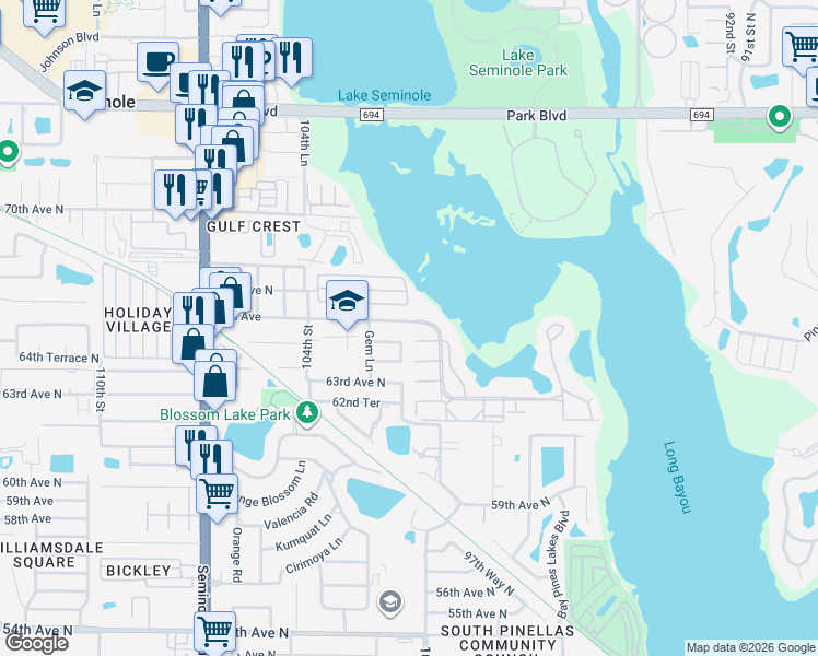 map of restaurants, bars, coffee shops, grocery stores, and more near 10102 66th Avenue in Seminole