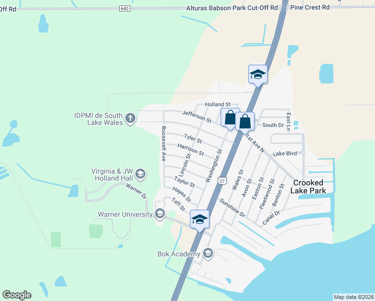 map of restaurants, bars, coffee shops, grocery stores, and more near 211 Harrison Street in Lake Wales