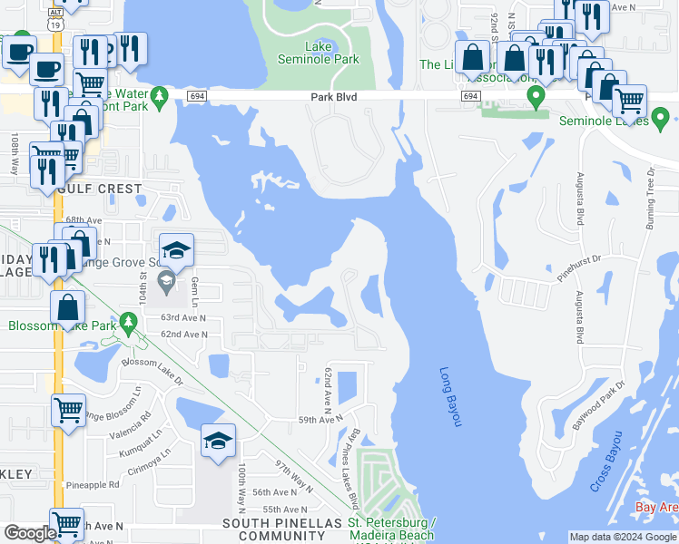 map of restaurants, bars, coffee shops, grocery stores, and more near 6495 Shoreline Drive in St. Petersburg