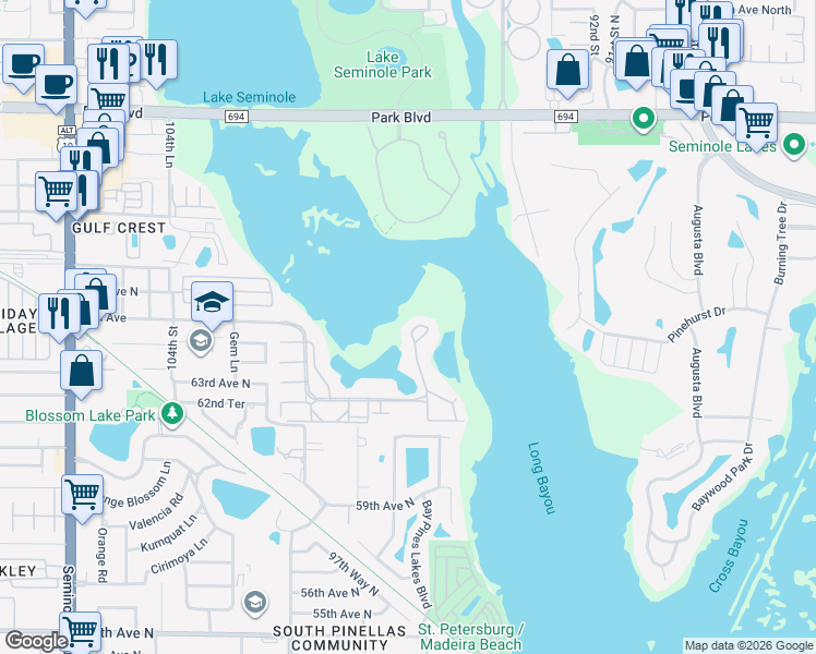 map of restaurants, bars, coffee shops, grocery stores, and more near 6495 Shoreline Drive in St. Petersburg