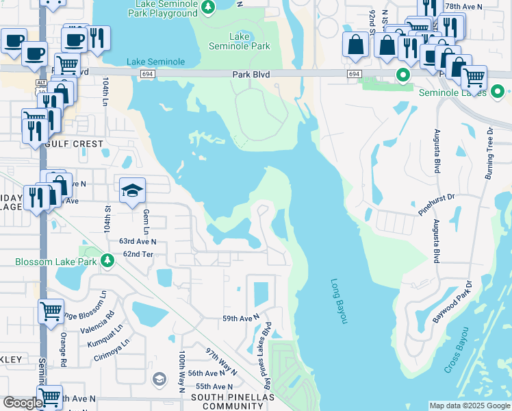 map of restaurants, bars, coffee shops, grocery stores, and more near 6550 Shoreline Drive in St. Petersburg