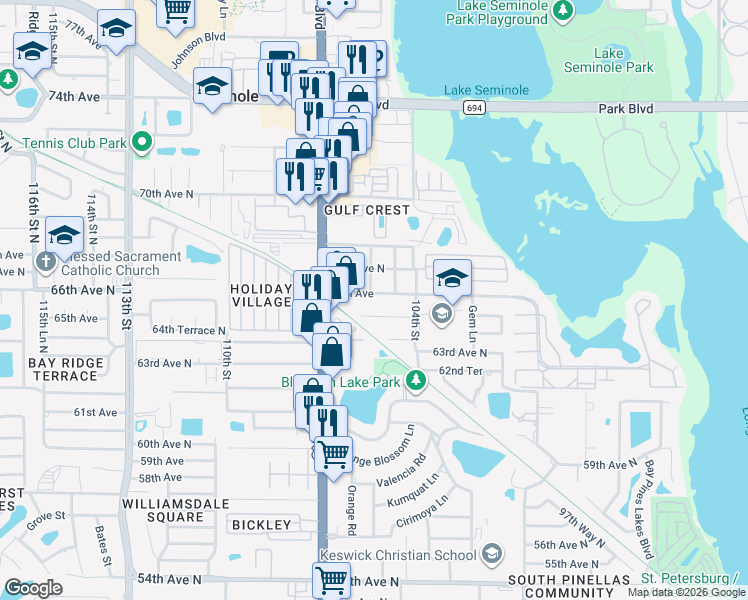 map of restaurants, bars, coffee shops, grocery stores, and more near 6640 105th Lane North in Seminole